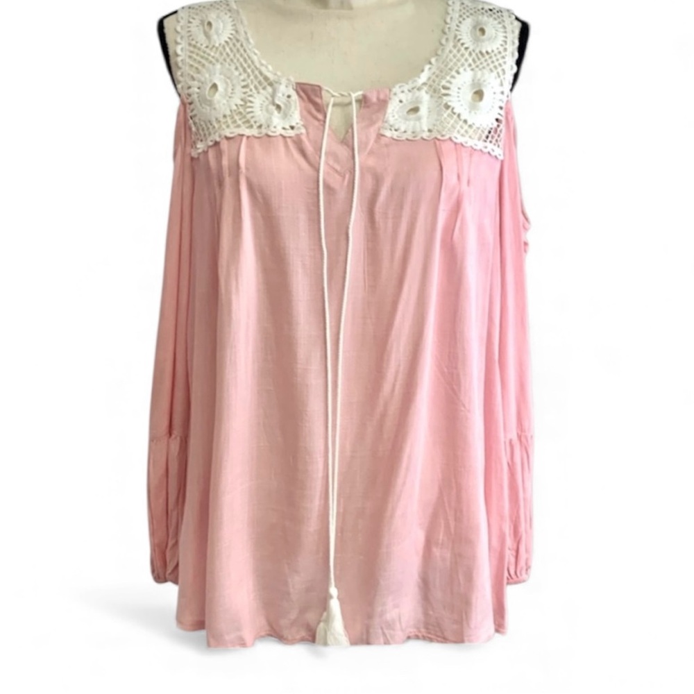 ARIANNE by Howard Pink Cold Shoulder Blouse L/XL Crochet Boho Top NWT